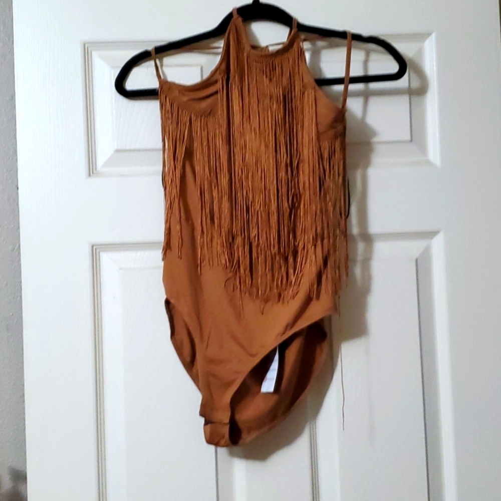 Tan fringe bodysuit
